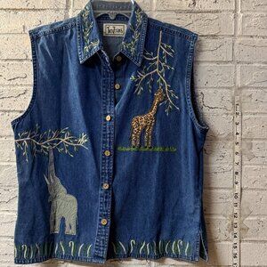 🦒 TanTrums Embroidered Denim Vest Safari Giraffe Elephant Nature Boho